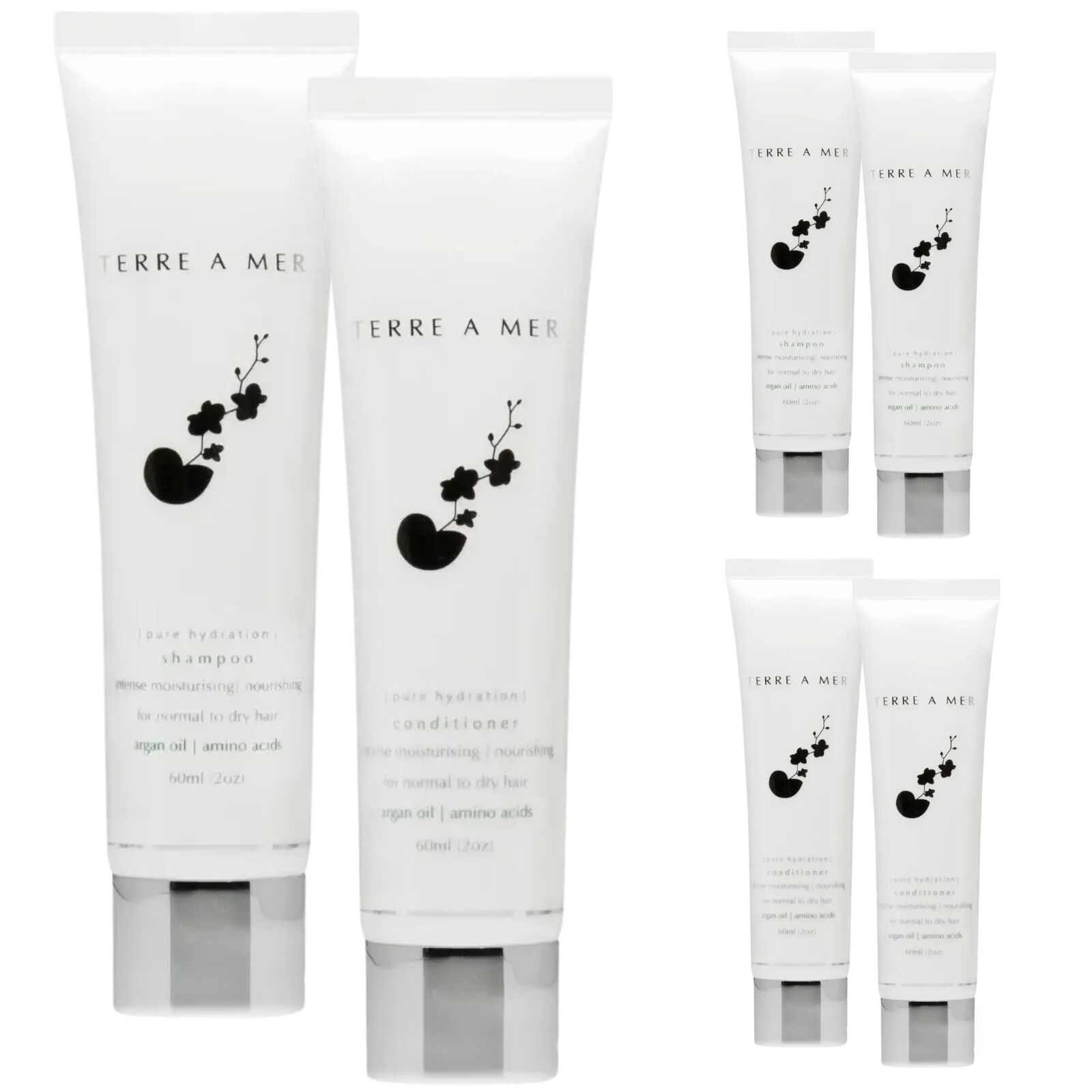 6pc Set Terre A Mer Pure Hydration Amino Acid/Argan Oil Shampoo & Conditioner - 60ml Travel Size